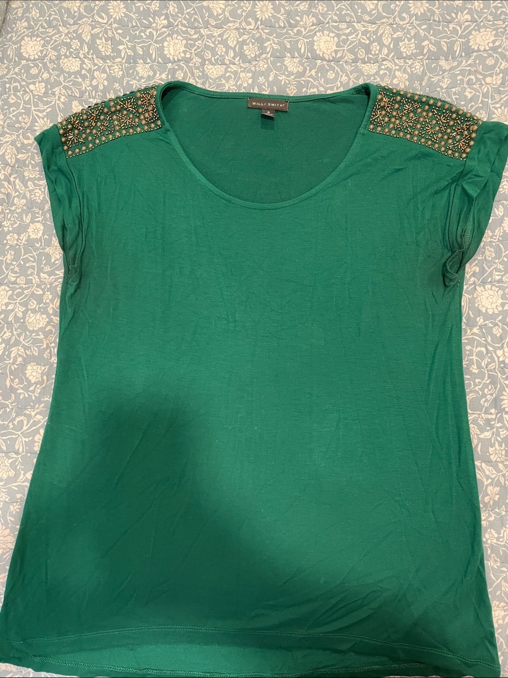 Willi Smith Emerald Short Sleeve Tee with Beaded Shoulders